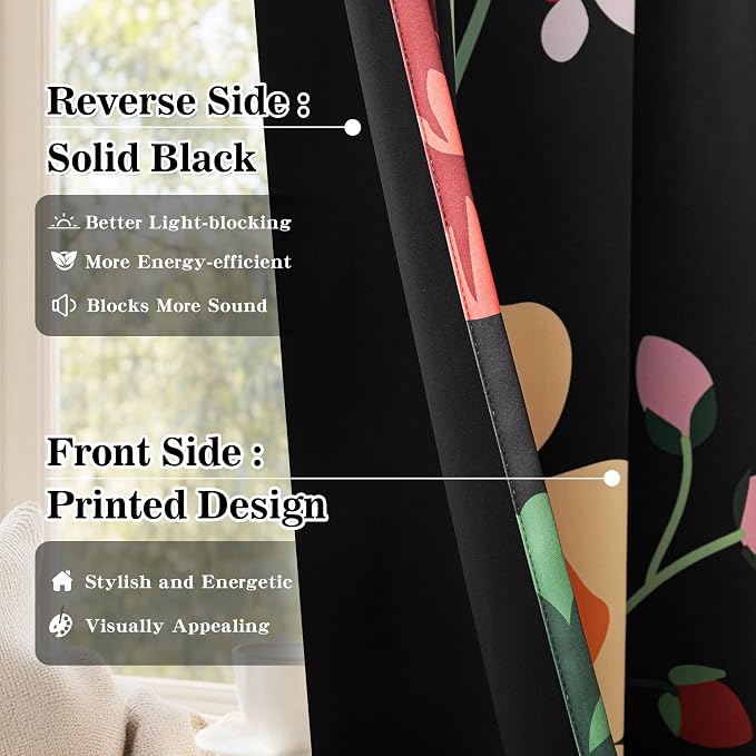 MYSKY HOME Black Boho Floral Blackout Curtains 95 inch Long for Living Room Dining Room Thermal Insulated Room Darkening Energy Saving with Patterned Flower Design Grommet Drapes, 2 Panels,52" Wide