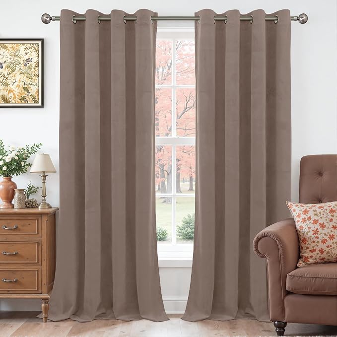 YoungsTex Extra Long Taupe Velvet Curtains 90 Inch Length, Thermal Insulated Drapes with Grommet Room Darkening for Living Room Bedroom Privacy, 2 Panels, 52 X 90 Inch