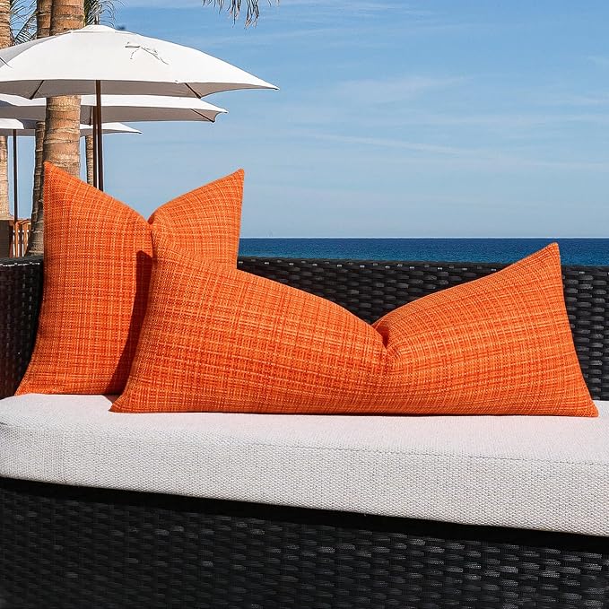 Kevin Textile Outdoor Waterproof Throw Pillow Covers 14x36 Inch Pack of 1 Woven Faux Linen Decorative Water Resistant Long Body Lumbar Cushion Covers for Tent Patio Garden Couch Sofa Orange