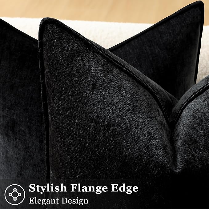 decorUhome Fall Couch Throw Pillow Covers 20x20 Set of 2, Decorative Soft Velvet Modern Cozy Chenille Pillow Cases with Elegant Design for Sofa Bed Living Room Home Decor, Black