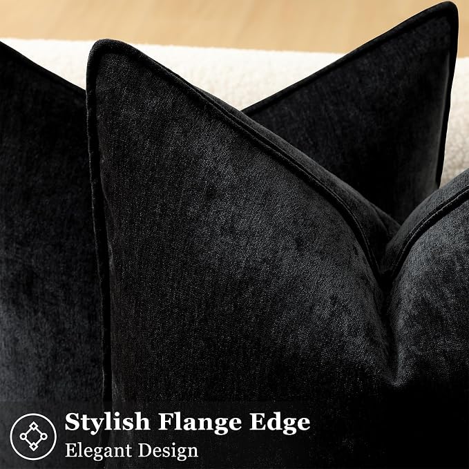 decorUhome Fall Couch Euro Sham Throw Pillow Covers 24x24 Set of 2, Decorative Soft Velvet Modern Cozy Chenille Pillow Cases with Elegant Design for Sofa Bed Living Room Home Decor, Black