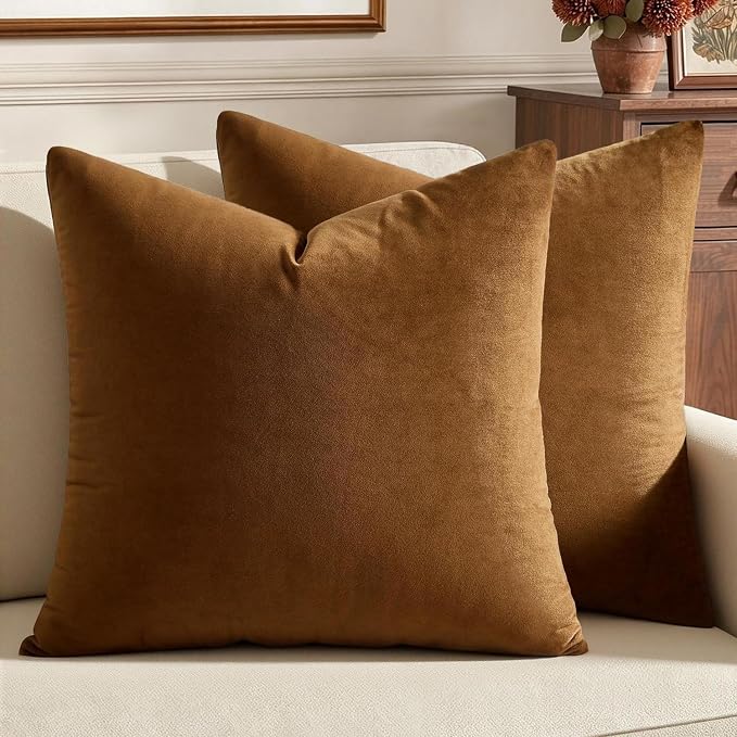 MIULEE Velvet Throw Pillow Covers 18x18 Inch, Pack of 2 - Golden Brown, Super Soft Decorative Square Cushion Cases Modern Luxury Home Decor for Sofa, Couch, Bed, Chair