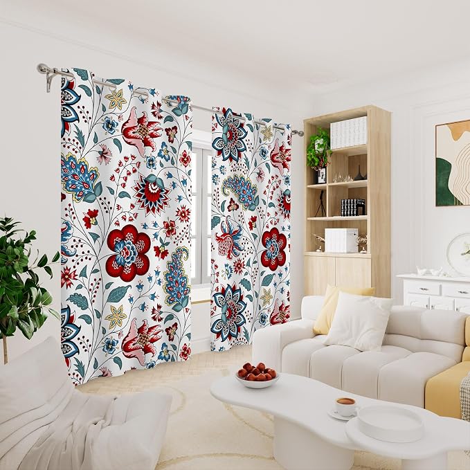 Renaiss Boho Floral Blackout Curtains, Bohemian Flower Plant Print Thermal Insulated Bedroom Window Curtains, Botanical Art Window Drapes for Living Room, 84" L x 53" W 2 Panel Set