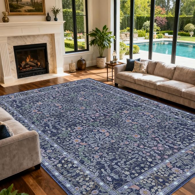 9x12 Washable Area Rugs for Living Room, Stain Resistant Vintage Rugs for Dining Room Under Kitchen Table, Bedroom, Floral Low Pile Non-Slip Large Carpet (9 x 12 Blue)