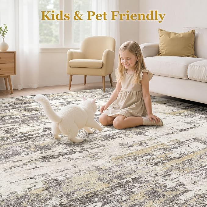 Area Rugs for Living Room: 10x13 Abstract Washable Rug Modern Neutral Large Soft Stain Resistant Non-Slip Backing Machine Table for Bedroom Dining Room Indoor Home Office Carpet - Gold Brown