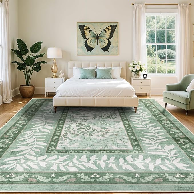 LIANLAM Washable Rug 9x12 Area Rugs for Living Room - Stain Resistant Non-Slip Backing Floral Design Rug for Bedroom,Durable & Ultra-Thin Vintage Large Area Rug(9x12,Green)
