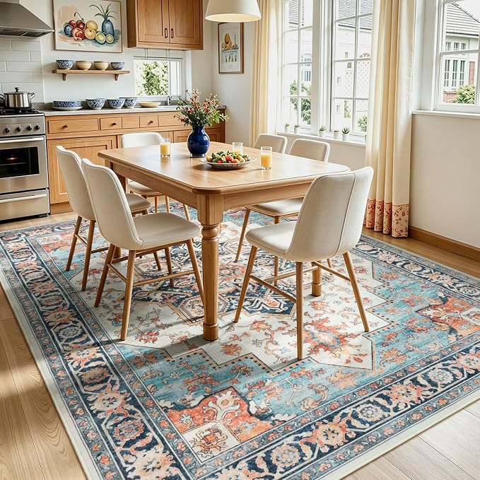 Lofus 5x7 Washable Rugs Non-Slip, Vintage Floral Area Rug for Living Room Bedroom Dining Room Kitchen, Low Pile Distress Print Carpet Home Decor Rug, Octagram Medallion Orange Blue Ivory
