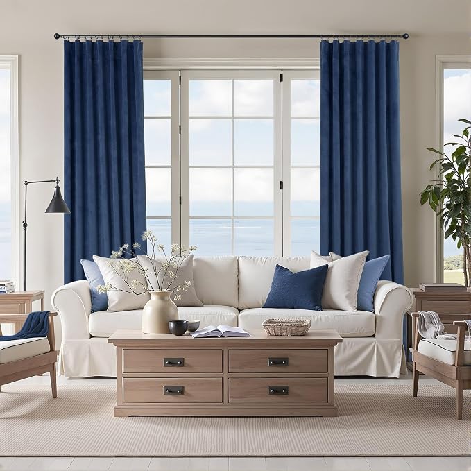 Navy Blue Velvet Curtains 102 Inches Long 2 Panel Soft Luxury Nautical Modern Farmhouse Dark Blue Curtain for Bedroom Dining Living Room Divider Drapes Sun Heat Light Blocking Ceiling to Floor Length