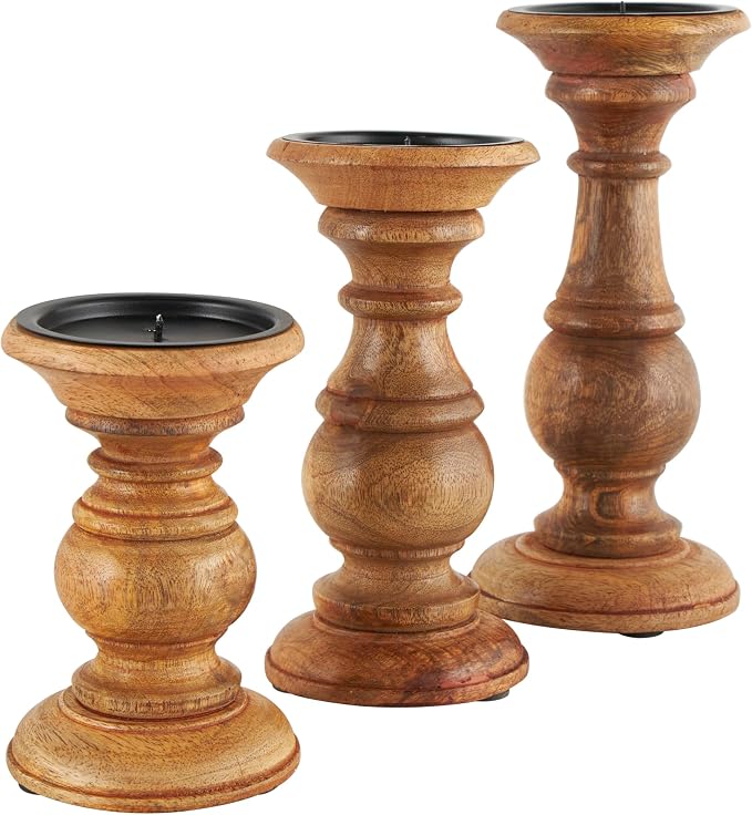 Deco 79 Mango Wood Candle Holders, Set of 3, 10", 8", 6"H, Brown | Decorative turned style pillar candle stand, candlestick holder