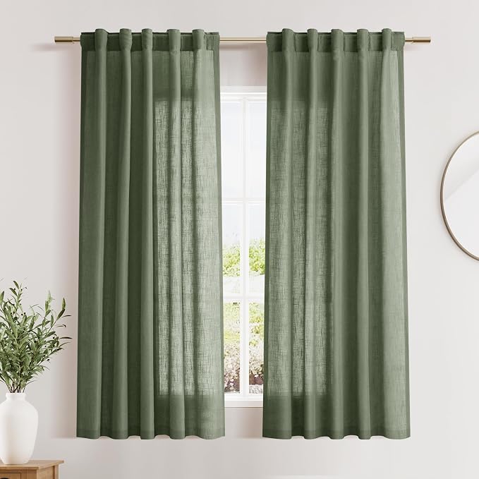 Nanspring Olive Green Light Filtering Curtains Shourt Linen Sheer Drapes - Small Window Bay Windows for Living Room/Kids Room/Kitchen, 40 inch Wide x 54 inch Long, Black, 2 Panels,40x54