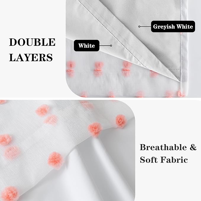 MEETSKY 100% Blackout Curtains for Girls Bedroom 95 Inch Long with Pink Pom Pom Sheer Total Room Darkening Nursery Curtains for Kids Room 2 Panels Grommet Double Layer Window Drapes 52W x 95L