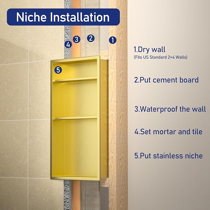 Gold Shower Niche 24" X 12" No Tile Needed Bathroom Niche Shower | 304 stainless steel shower niche,recessed niche shower for bathroom storage,vertical niche w/ 3-tier shelf,golden wall niche