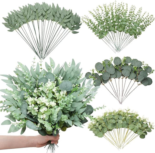 100 Pcs Mixed Artificial Eucalyptus Stems Leaves Bulk, 4 Kinds Faux Greenery Silver Dollar Leaves for Wedding Vase Bouquet Floral Arrangements