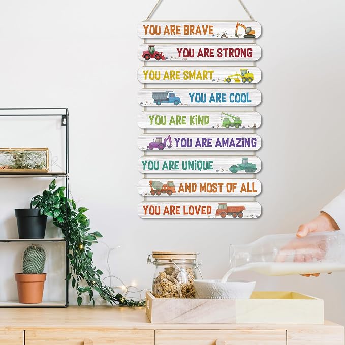 MONALET Construction Car Inspirational Wall Decor for Boys Kids Room Playroom Nursery Classroom, You Are Loved Hanging Wooden Signs Decorations, Positive Affirmations Wall Art Wood Plaque 9Pcs 12x19