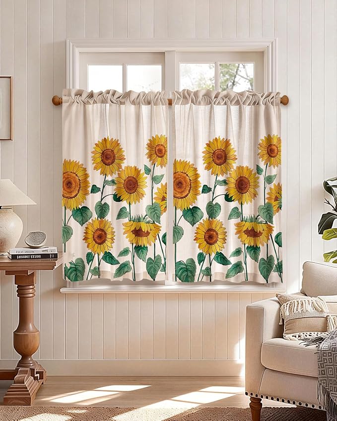 Miss Adola Sunflower Kitchen Tier Curtains - 36 Inch Length Linen Blend Farmhouse Cafe Curtains Floral Small Window Treatments Over Sink Rod Pocket for Bathroom Living Room Light Filtering, 2 Panels