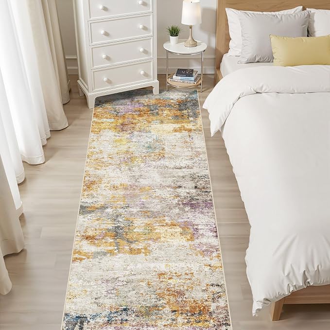 Runner Rug Kitchen Washable Rugs: 3x8 Non-Slip Abstract Soft Modern Stain Resistant Indoor Floor Neutral Accent Throw Carpet for Hallway Bathroom Laundry Room Entryway Bedroom- Gold Colorful