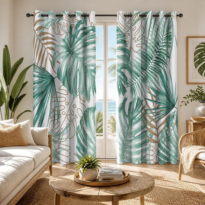 iTapnoom Tropical Palm Leaves Blackout Curtains, Gold and Green Botanical Plants Leaf Window Drapes Darkening Grommet Window Curtains for Living Room Bedroom Decor 2 Panels 52"x84" Inch