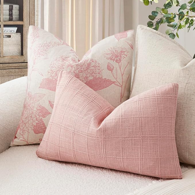 Foindtower Set of 2 Decorative Linen Check Throw Pillow Covers Neutral Farmhouse Lumbar Cushion Covers Modern Boho Accent Home Decor for Sofa Chair Couch Bedroom Living Room,12×24 Inch,Light Pink