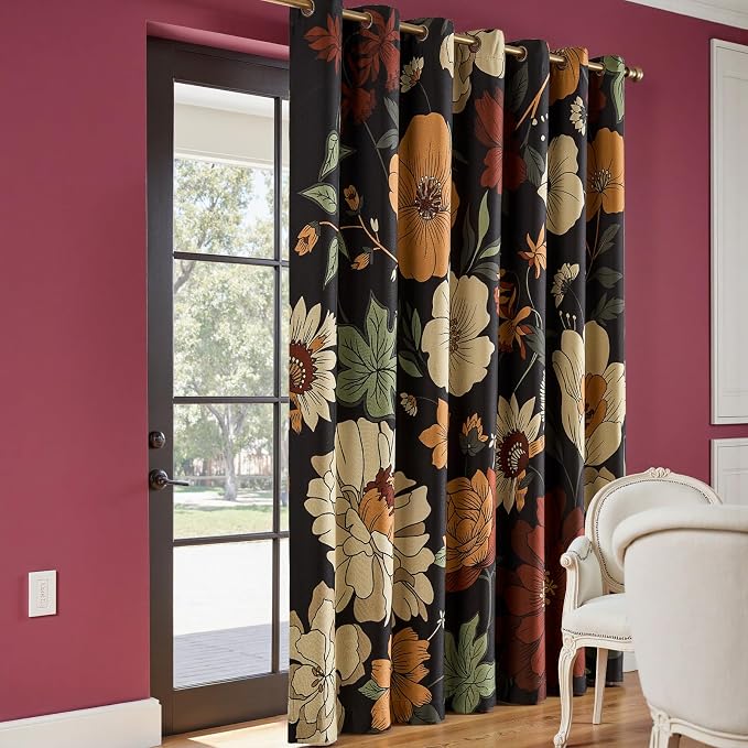 jinchan Lora Floral Curtain for Living Room Blackout Drape for Sliding Door Extra Wide Room Darkening Fall Decor Vintage Boho Flower Print Patio Door Curtain Grommet 1 Panel W100xL96 Inch Black