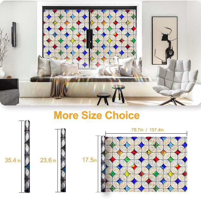 QHY Sunshine Colorful Rainbow Stained Glass Window Film Non-Adhesive Window Privacy Film Reusable Decorative for Room (Rainbow Mosaic, 17.5 X 157.4 in)