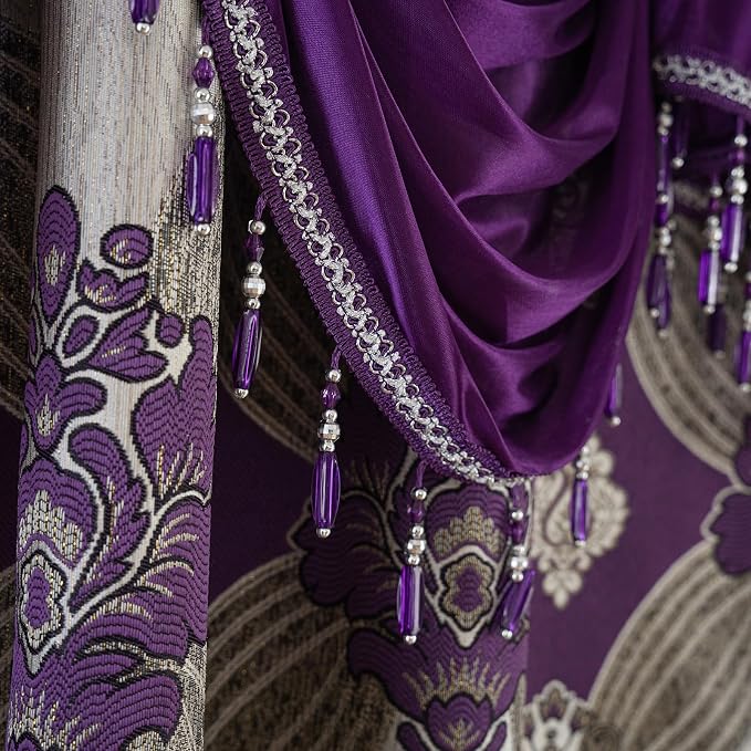 Petrichor Elegant Curtains with Gold Silver Threads 2 Panels Set - Luxury Window Treatment Attached Valance, Sheer Backing, and 2 Tie Backs for Bedroom and Living Room, 54x95 inches, Purple