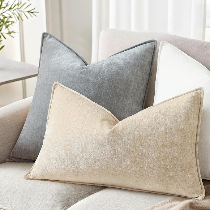decorUhome Fall Couch Throw Pillow Covers 12x20 Set of 2, Decorative Soft Velvet Modern Cozy Chenille Lumbar Pillow Cases with Elegant Design for Sofa Bed Living Room Home Decor, Beige