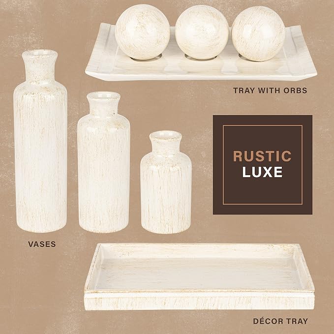 Creative Scents Rustic Luxe Decorative Tray and Orb Set - Centerpiece Table Decorations for Coffee Table Decor - Modern Farmhouse Decor - Decorative Accents Bowl with Balls for Dining Table Decor