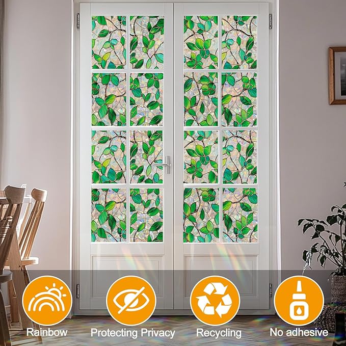 COUNTEWOL Window Privacy Film with Installation Tools Home Decorative Colored Glass Window Stickers Reusable electrostatic Rainbow Stickers (Greenery Leaf, 45.2 x 78.7 in)