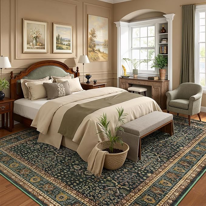 Lofus 6x9 Washable Green Area Rug for Living Room Bedroom Non-Slip Low Pile | Soft Boho Vintage Area Rugs for Bedroom Dinning Room Home Office Indoor