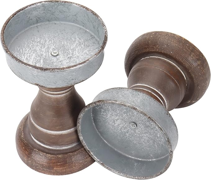 GenMous&Co. Decorative Candle Holders Pedestal Rustic Wood for Pillar Candle Farmhouse Candlestick Holder Galvanized Plate for Mantel, Dining Table, Centerpiece,Coffee Bar,Set of 2（Brown