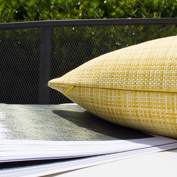 Kevin Textile Outdoor Waterproof Throw Pillow Covers 26x26 Inch Pack of 2 Woven Faux Linen Farmhouse Decorative Euro Shams Water Resistant Cushion Covers for Tent Patio Garden Couch Sofa Yellow