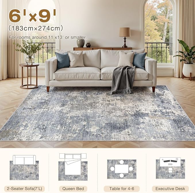 Area Rugs 6x9 Living Room: Washable Large Abstract Modern Neutral Soft Rug Stain Resistant Non-Slip Backing Carpet for Bedroom Dining Room Nursery Home Office Decor - Light Denim Blue