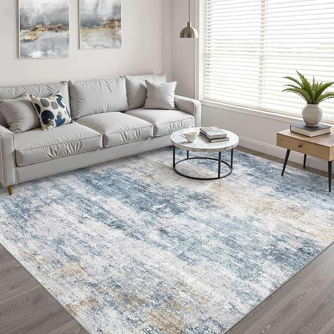 10x12 Area Rugs Living Room: Washable Large Neutral Rug Abstract Soft Modern Stain Resistant Indoor Floor Non-Slip Carpet for Bedroom Nursery Kids Office Playroom Dining Room Under Table- Blue Gold