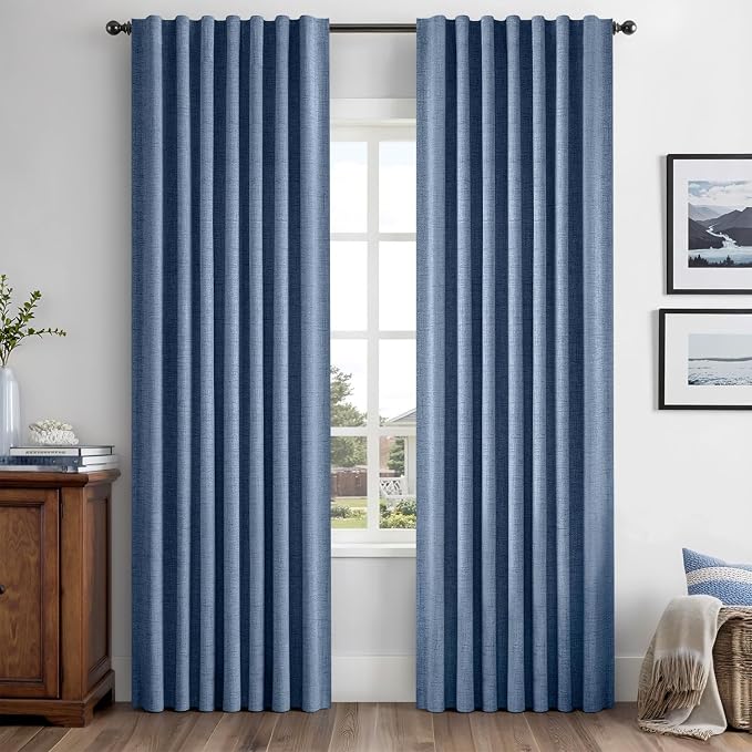 MIULEE 100% Blackout Linen Curtains for Bedroom, Blue Solid Luxury Decor Thermal Insulation Room Darkening Drapes for Living Room Back Tab Rod Pocket 42 x 90 Inches, 2 Panels