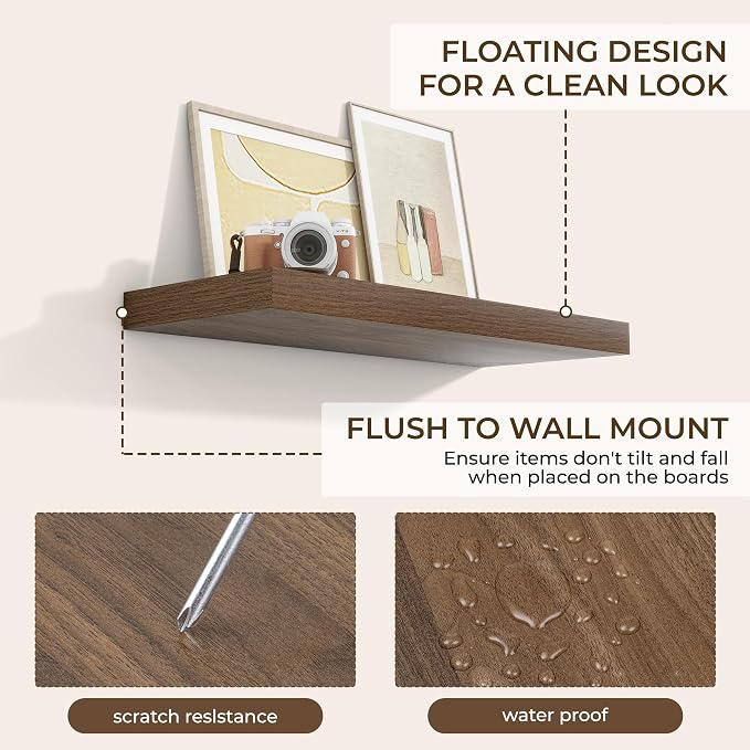 RICHFOCUS 28Inch Floating Shelves for Wall 2 Pack Shelves for Bedroom|Kitchen|Bathroom|Laundry Room Rustic Wood Wall Mounted Shelf with Invisible Brackets for Books|Storage|Decor, Walnut