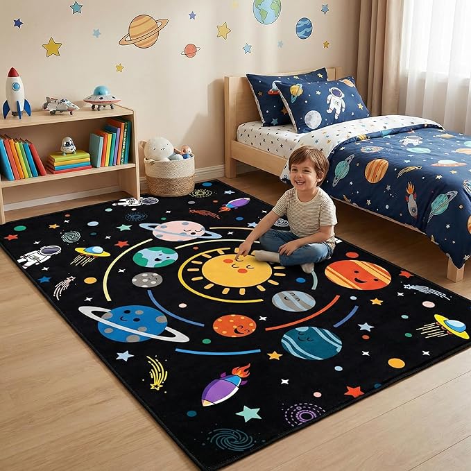 Space Rug for Bedroom,4'×5' Solar System Outer Space Rug for Boys Room,Space Theme Floor Carpet for Kids Classroom Decor
