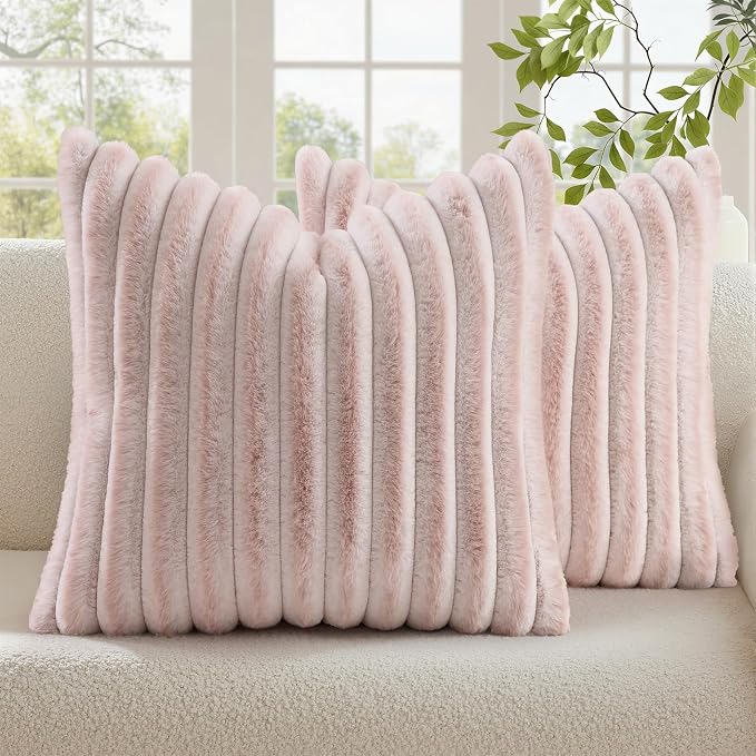 decorUhome Fall Cozy Faux Fur Throw Pillow Covers 20x20 Set of 2 Decorative Soft Plush Striped Modern Farmhouse Boho Couch Pillow Cases with Velvet Back for Sofa Bed Living Room, Pink White