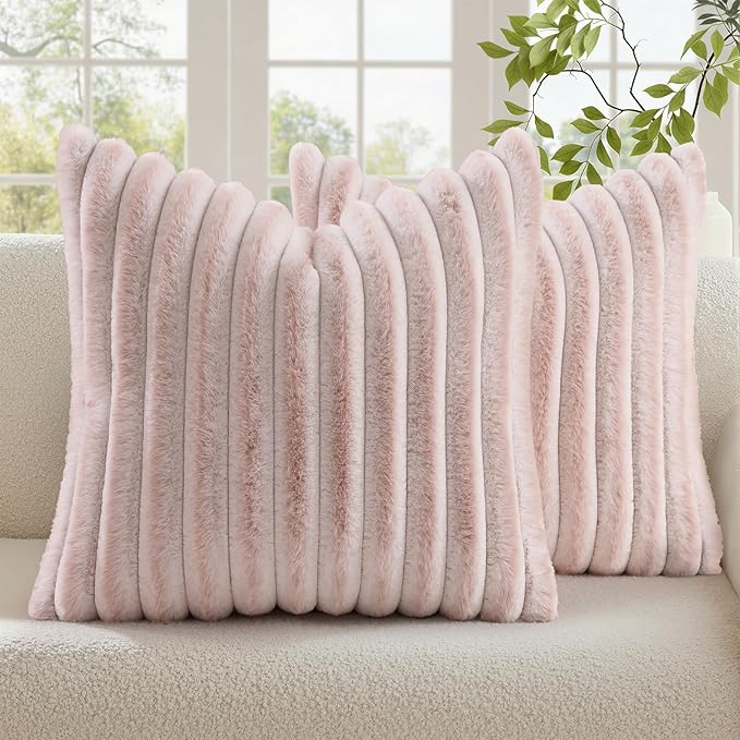 decorUhome Fall Cozy Faux Fur Throw Pillow Covers 22x22 Set of 2 Decorative Plush Striped Modern Farmhouse Boho Couch Euro Sham Pillow Cases with Velvet Back for Sofa Bed Living Room, Pink White