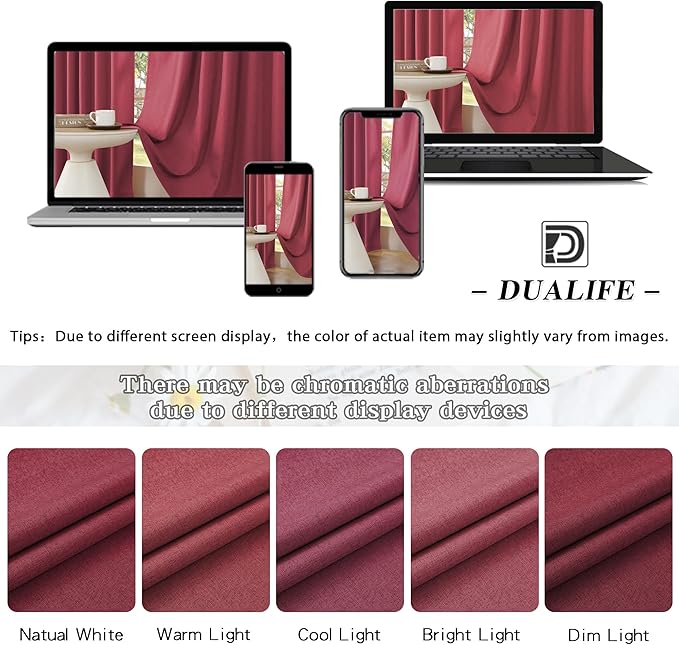 DUALIFE Extra Long 108 Inch Full Blackout Curtains for Large Window,Look Faux Linen Textured Back Tab Hook Belt Pleated Tall Drapes for Living Room Dining 2 Panels Set,50 Wide,10 FT Rose Red