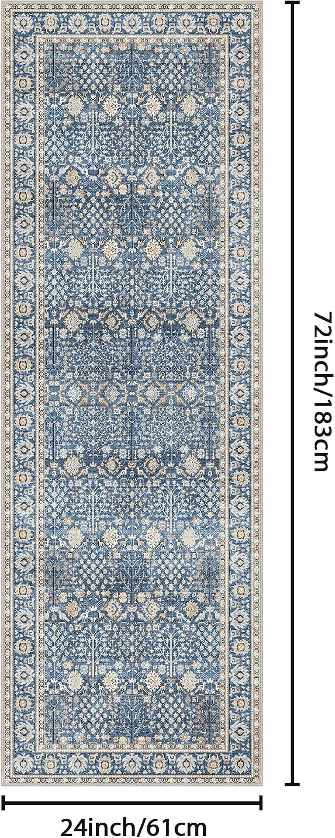 Bavni 2x6 Rug Runners for Hallways, Washable Runner Rug Non Slip,Vintage Floral Print Style Rugs for Bedroom-Lightweight Low Pile Carpet for Hallways Bathroom, Lake Blue