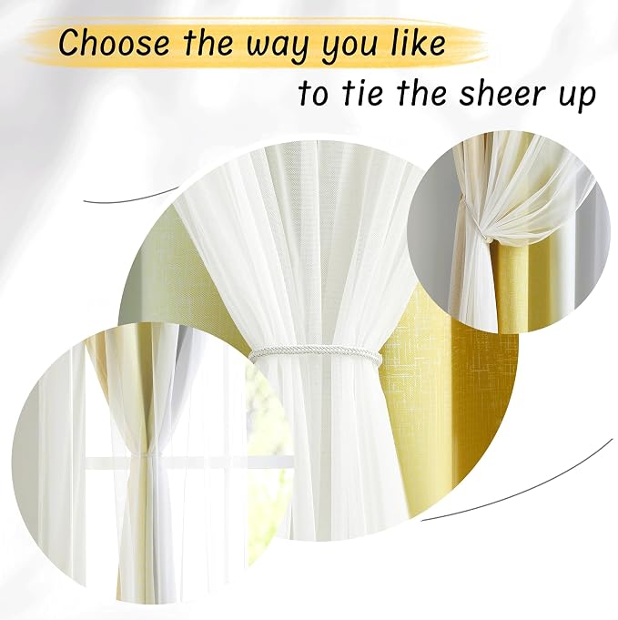 Ombre 100% Blackout Curtains 96 Inches Long 2 Panels for Bedroom Living Room Yellow and White Double Layer Sheer Overlay Mix & Match Grommet Thermal Soundproof Drapes with Tiebacks, 52x96