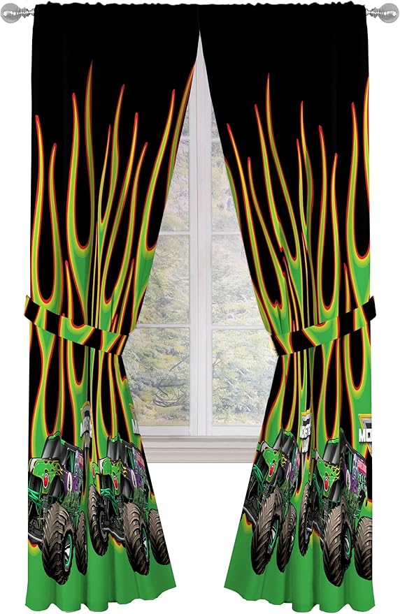 Sunny Side Up Window Curtains for Kids Bedroom 4-Piece Drape Set with 2 Tiebacks, Black - Monster Jam, 42" W x 84" L (Pack of 2)