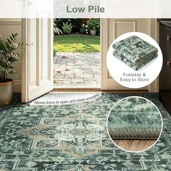 Lofus 5x7 Washable Rugs Non-Slip, Vintage Floral Area Rug for Living Room Bedroom Dining Room Kitchen, Low Pile Distress Print Carpet Home Decor Rug, Octagram Medallion Green