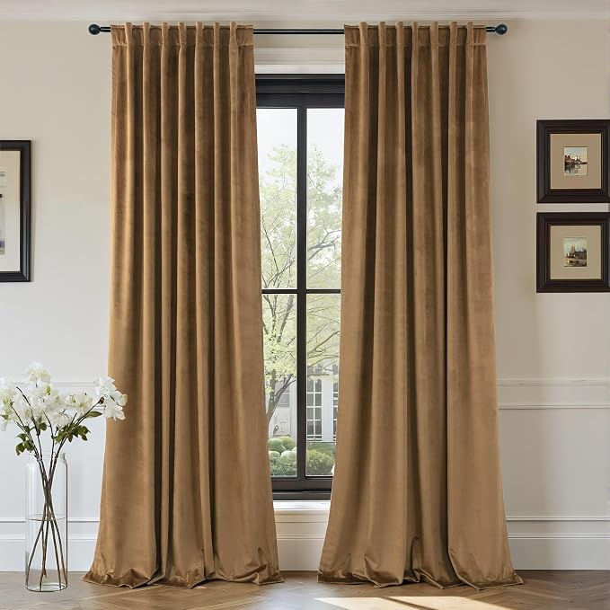 Gold Brown Velvet Curtains 102 Inches Long 2 Panels for Dining Room Darkening Floor Length Heat Blocking Decorative Drapes Cozy Luxury Bedroom Curtains for Door French Country Retro Cottage Core Decor