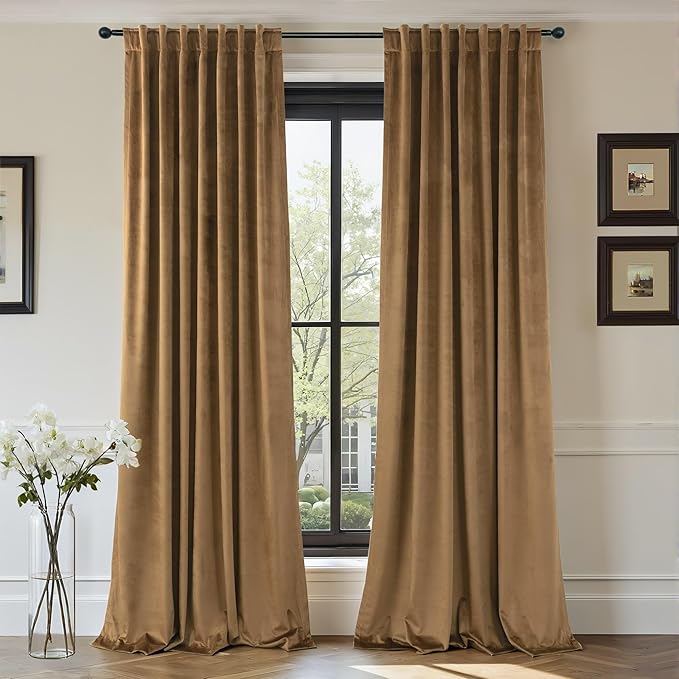 Gold Brown Velvet Curtains 108 Inch Long 2 Panel Sliding Door Insulating Soundproof Noise Reduction Drape Mid Century Modern Living Room Darkening Curtain for Bedroom Victorian Textured Extra Wide 9FT