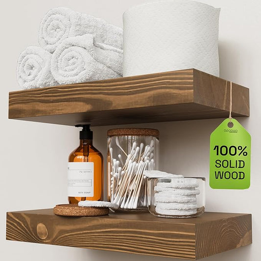Solid Wood Floating Shelves for Wall 12 Inch Walnut, Small Wooden Shelf | Real Wood, Wall Mounted, Rustic, Bedroom Kitchen Bathroom Living Room, Walnut Finish, 12W x 6.7D, Set of 2