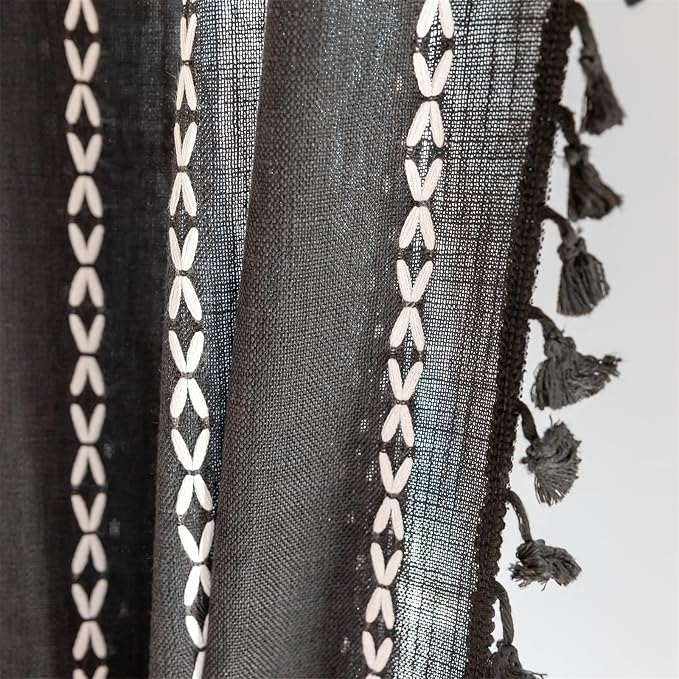 RoomTalks Black Boho Farmhouse Curtains for Bedroom Living Room 96 Inch Length 2 Panles, French Country Halloween Gothic Cute Textured Window Curtain Panels Bohemian Vintage Tassel Draperies