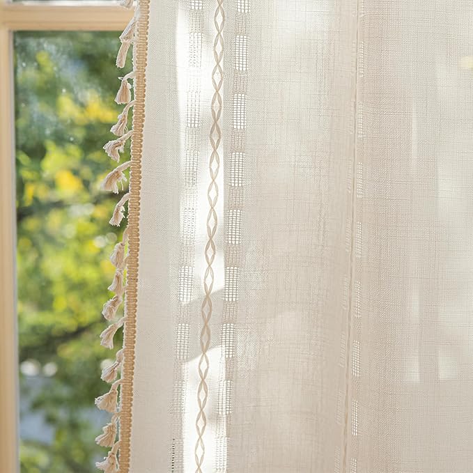 Deeprove Cream White Boho Curtain 63 inches Length for Living Room Bedroom Nursery, Aztec Chic Bohemian 63 inches Long Diamond Stripe Embroidery Privacy Window Fringe Decor W52 x L63, 1 Panel