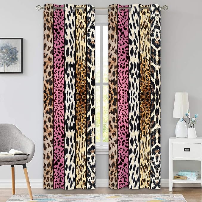 Wild Animal Print Curtain, Room Darkening Thermal Insulated Blackout Leopard Boa Window Drapes with Grommets for Living, Dining, Bedroom, Pink Leopard Print, 52"x 90", 2 Panels