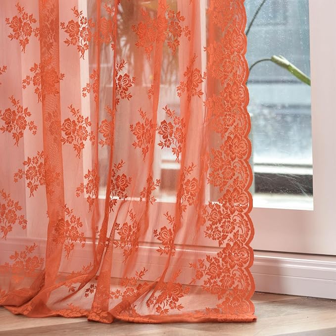Kotile Burnt Orange Sheer Curtains 54 Inch Length, Country Rustic Floral Fall Curtains for Bedroom, Rod Pocket Privacy Window Sheer Lace Curtain, 52 x 54 Inch, 2 Panels, Orange